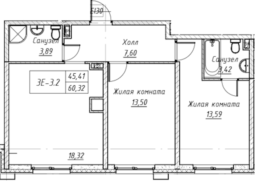 2-комнатная квартира 60.73 м², 3/14 эт., Комплекс апартаментов «Zoom на Неве»